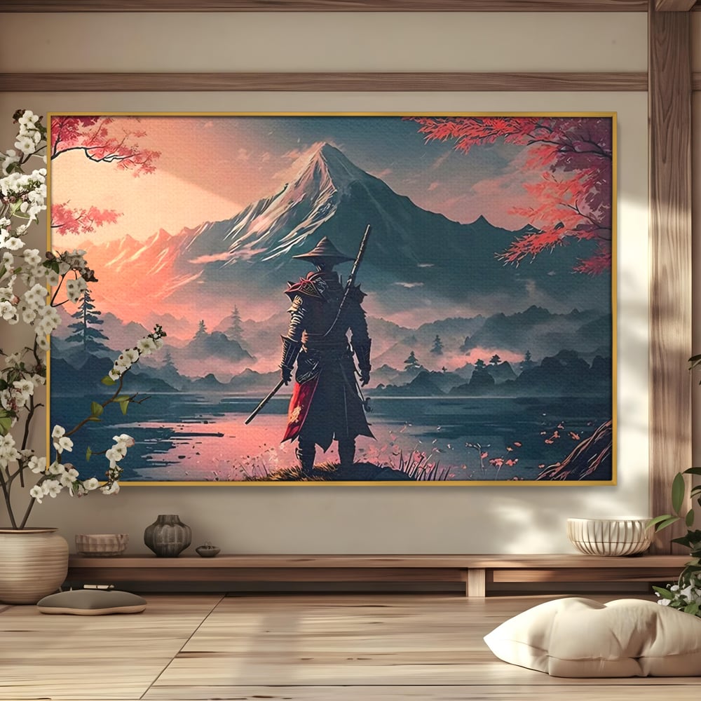 Tablou canvas cu samurai cu sabie pe malul lacului, in rama de aluminiu auriu